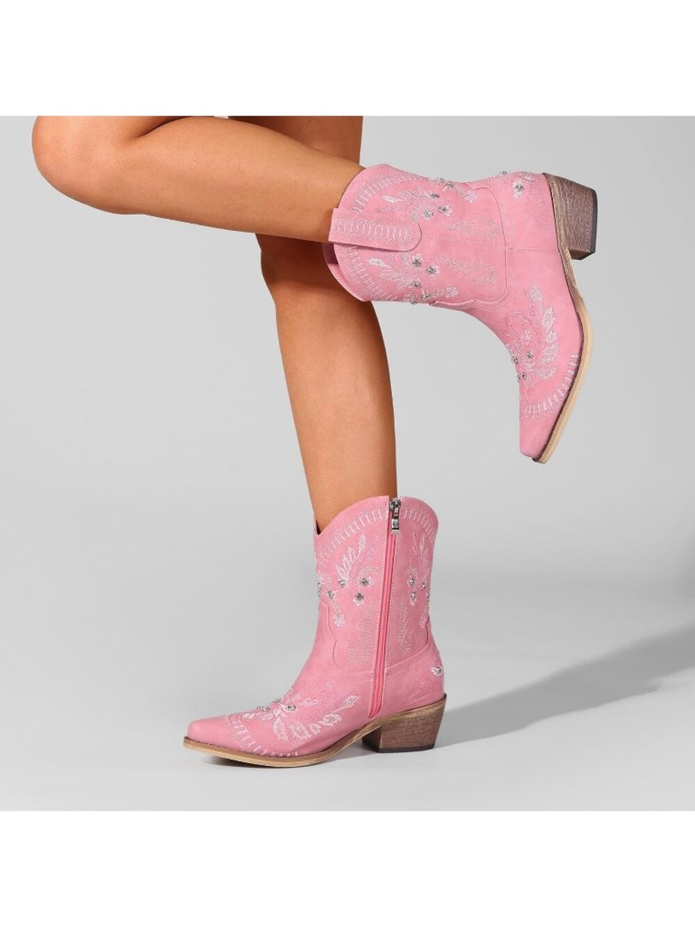 Women's Pink Embroidered Cowgirl Chunky Heel Side Zipper Western Booties - Picture 7 of 7